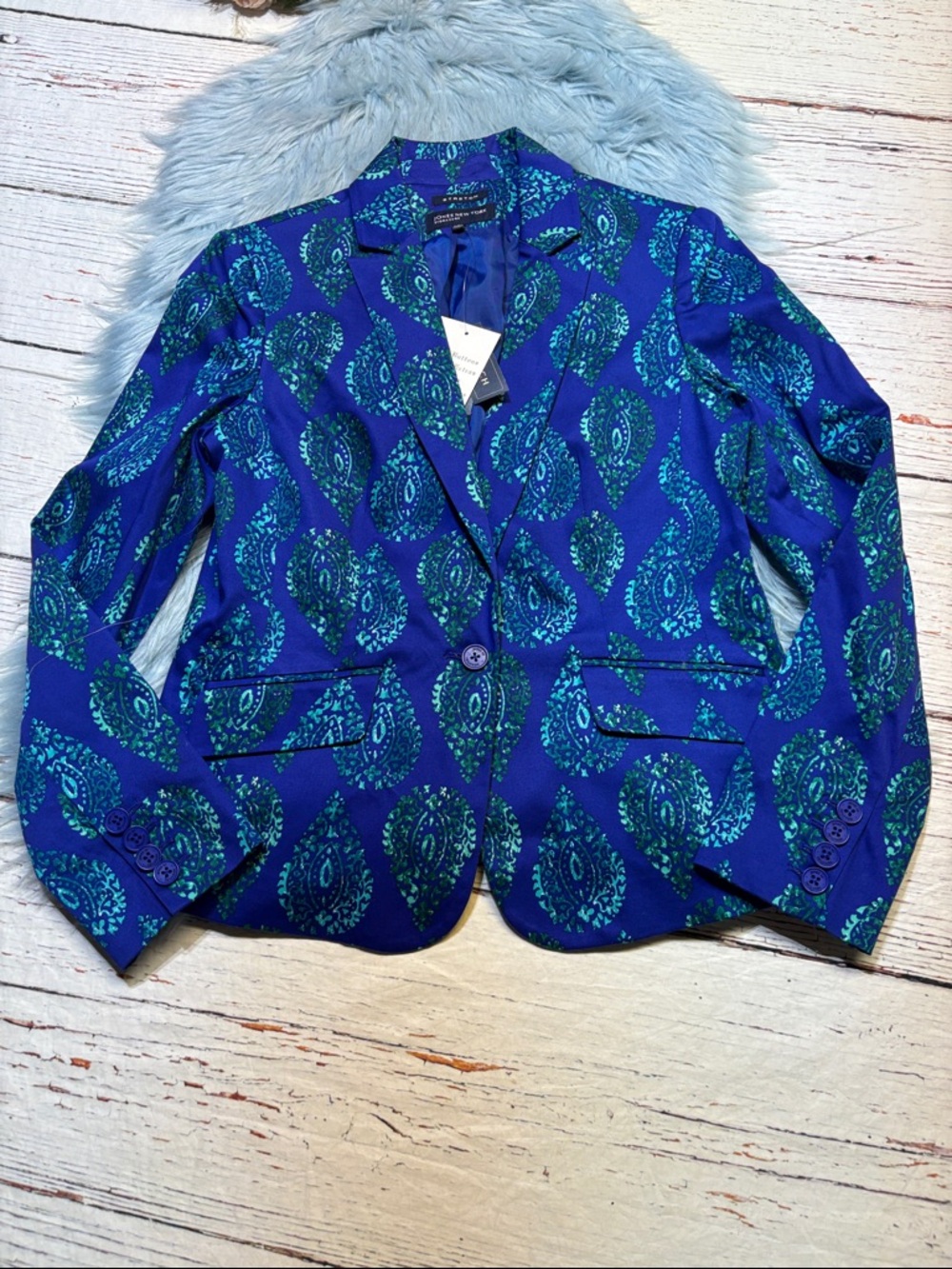 NWT Jones New York Royal Blue and Teal Paisley Ultramarine Single-Button Blazer